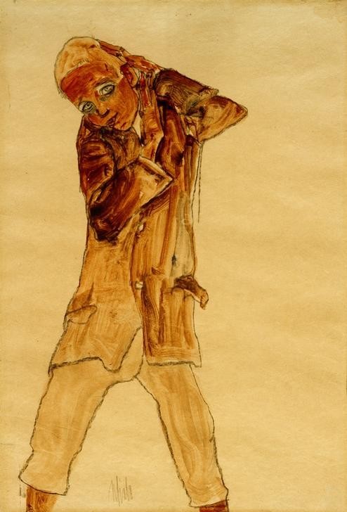 Egon Schiele, Knabe, mit langem Rock, die Hände schützend zum Kopf erhoben (Kind,Mensch,Verteidigung (Abwehr),Portrait,Gestik,Expressionismus,Österreichische Kunst,Knabe)