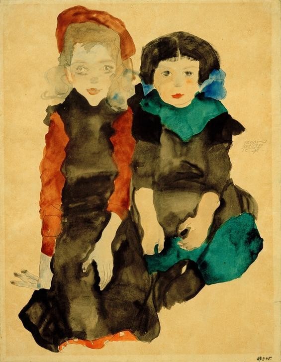 Egon Schiele, Zwei kauernde kleine Mädchen (Kind,Mädchen,Mensch,Portrait,Expressionismus,Österreichische Kunst,Kauern,Doppelportrait)