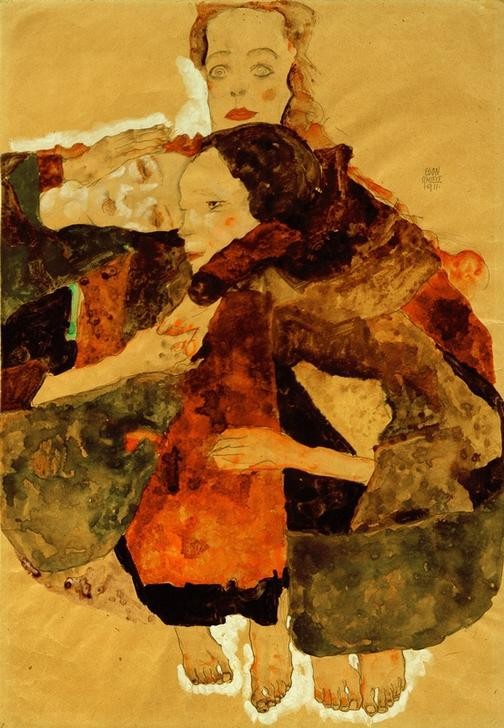 Egon Schiele, Gruppe von drei einander umschlungen haltenden Mädchen (Frau,Freundschaft (Allgemein),Gruppenbild,Kunst,Mädchen,Expressionismus,Umarmung,Österreichische Kunst,Zärtlichkeit)