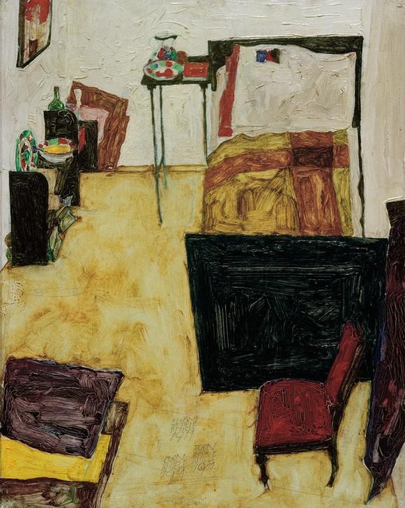 Egon Schiele, Das Zimmer des Künstlers in Neulengbach (Architektur,Bett,Künstlerleben,Möbel,Schlafzimmer,Wohnung,Expressionismus,Interieur,Österreichische Kunst,Stuhl,Einzimmerwohnung,Wohnung Von Berühmten)