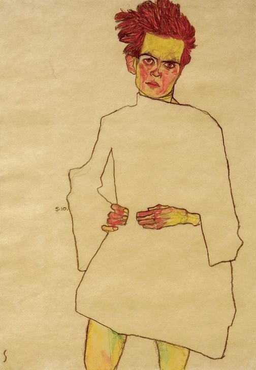 Egon Schiele, Selbstbildnis mit Hemd (Künstler,Kunst,Maler (Künstler),Mann,Zeichner,Selbstbildnis,Expressionismus,Österreichische Kunst,Hemd,Kniestück,Person)