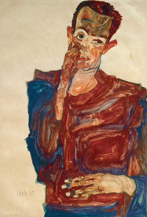 Egon Schiele, Selbstbildnis mit Hand an der Wange (Künstler,Kunst,Maler (Künstler),Mann,Zeichner,Selbstbildnis,Hand,Portrait,Gestik,Expressionismus,Österreichische Kunst,Halbfigur,Person)