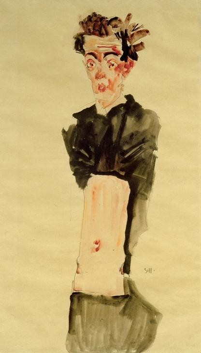 Egon Schiele, Selbstbildnis mit entblößtem Nabel (Künstler,Kunst,Maler (Künstler),Mann,Zeichner,Selbstbildnis,Portrait,Expressionismus,Österreichische Kunst,Nabel,Entblössung,Bauch,Person)