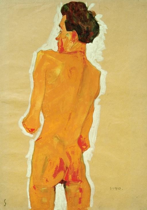 Egon Schiele, Stehender männlicher Rückenakt (Künstler,Maler (Künstler),Mann,Zeichner,Selbstbildnis,Akt,Portrait,Expressionismus,Rückenakt,Rückenfigur,Österreichische Kunst,Person)