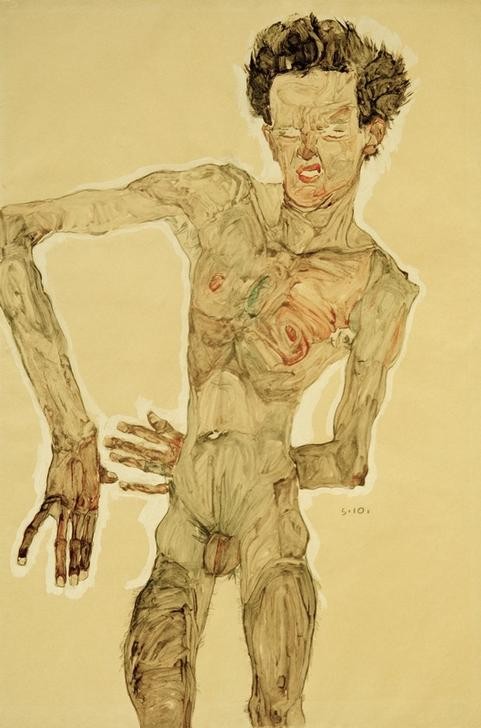 Egon Schiele, Aktselbstbildnis, grimassierend (Maler (Künstler),Mann,Zeichner,Selbstbildnis,Akt,Portrait,Grimasse,Person)