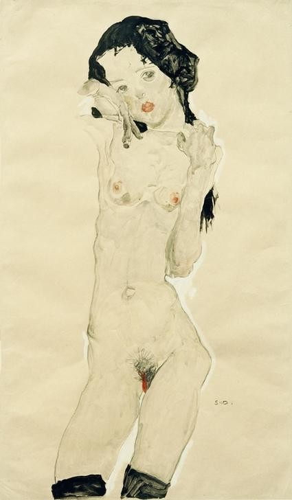 Egon Schiele, Schwarzhaariger Mädchenakt, stehend (Frau,Mädchen,Akt,Expressionismus,Österreichische Kunst,Scham,Schamhaar,Schwarze Haare,Junge Frau)