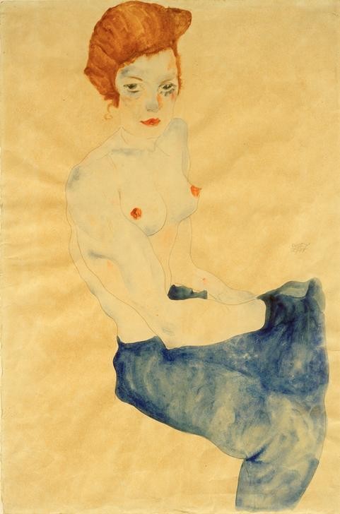 Egon Schiele, Sitzendes Mädchen, der Oberkörper nackt, hellblauer Rock (Frau,Akt,Expressionismus,Österreichische Kunst,Halbakt,Rock,Sitzen,Junge Frau)