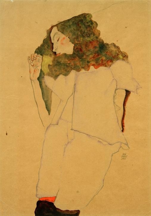 Egon Schiele, Schlafendes Mädchen (Frau,Mädchen,Portrait,Expressionismus,Österreichische Kunst,Langes Haar,Junge Frau,Schlafen (Schlaf))