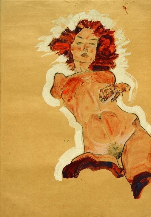 Egon Schiele, Weiblicher Akt, schräg zurückgelehnt (Frau,Akt,Expressionismus,Österreichische Kunst,Scham,Schamhaar,Junge Frau,Liegen)