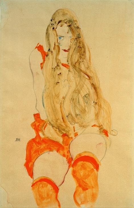 Egon Schiele, Sitzendes Mädchen mit orangefarbenem Kleid und Strümpfen (Erotik,Frau,Mensch,Strumpf,Femme Fatale,Portrait,Expressionismus,Österreichische Kunst,Blondine,Langes Haar)