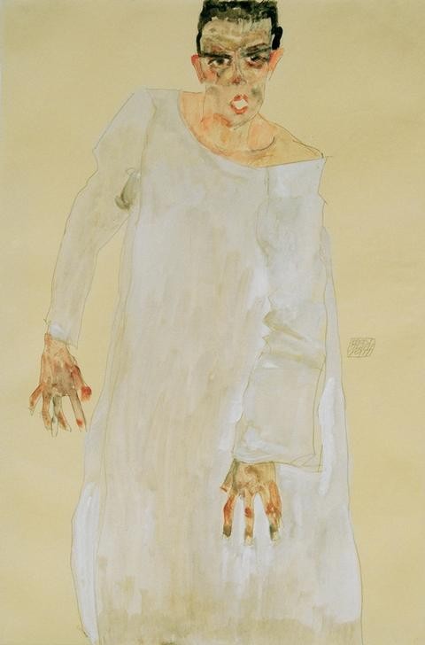 Egon Schiele, Selbstbildnis in langem weißen Gewand (Rufender) (Künstler,Maler (Künstler),Mann,Zeichner,Selbstbildnis,Portrait,Expressionismus,Österreichische Kunst,Hemd,Rufen,Kniestück,Gewand,Person)