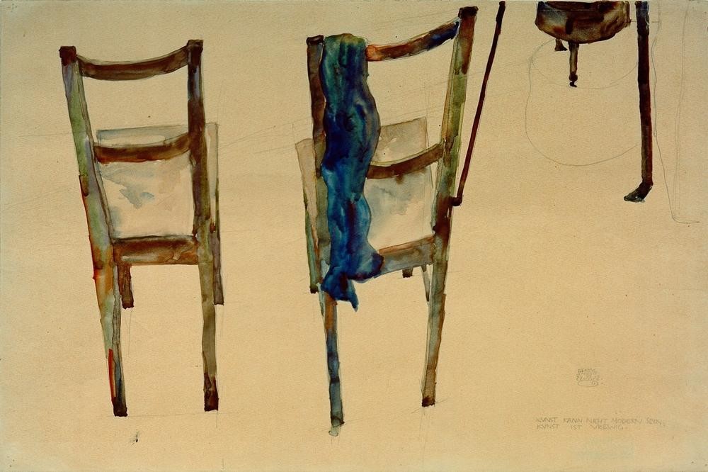 Egon Schiele, Kunst kann nicht modern sein: Kunst ist urewig (Architektur,Sitzmöbel,Expressionismus,Interieur,Österreichische Kunst,Stuhl,Tuch)
