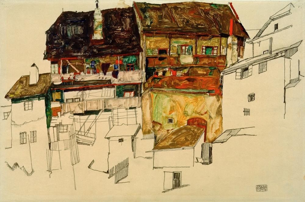 Egon Schiele, Alte Häuser in Krumau (Altstadt,Architektur,Haus,Kunst,Expressionismus,Architekturdarstellung,Österreichische Kunst)