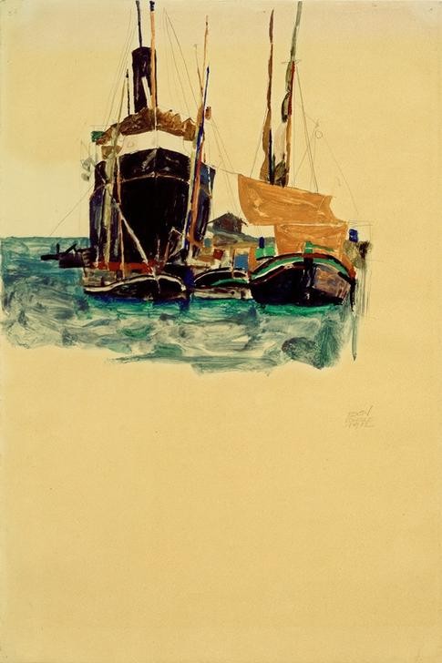 Egon Schiele, Dampfer und Segelboote im Hafen von Trieste (Dampfer,Hafen,Schiff,Segelschiff,Expressionismus,Österreichische Kunst,Schifffahrt)