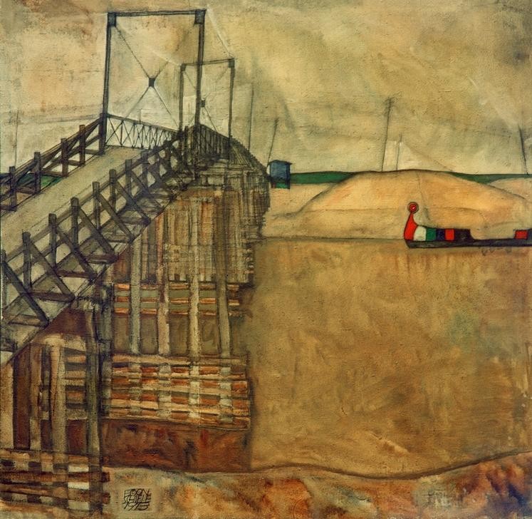 Egon Schiele, Die Brücke (Architektur,Boot,Brücke,Kunst,Fluss,Expressionismus,Architekturdarstellung,Österreichische Kunst)