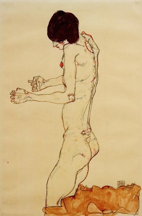 Egon Schiele, Kniender Frauenakt nach links, die Arme vorgestreckt (Frau,Akt,Expressionismus,Österreichische Kunst,Knien)