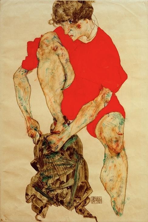Egon Schiele, Weibliches Modell in rotem Gewand (Frau,Mensch,Modell,Portrait,Expressionismus,Österreichische Kunst,Rot,Gewand)