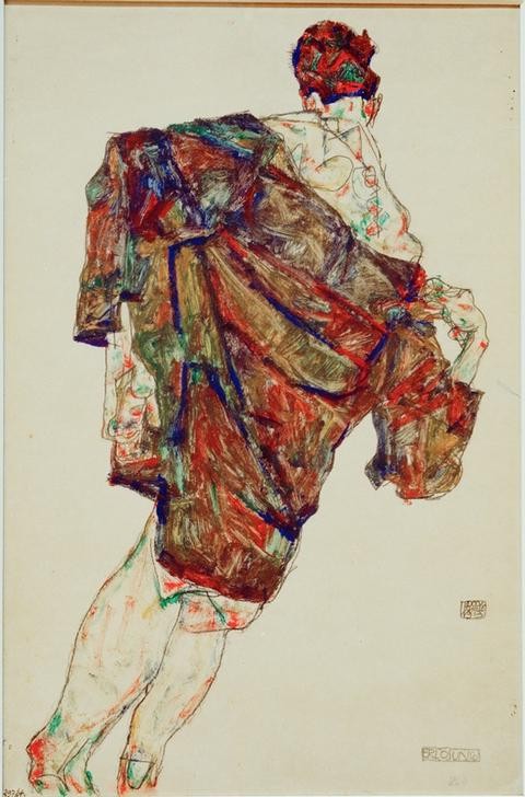 Egon Schiele, Erlösung (Mensch,Ankleiden,Expressionismus,Rückenfigur,Österreichische Kunst,Anthropologie,Hemd,Erlösung)