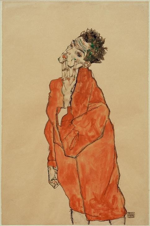 Egon Schiele, Selbstbildnis in orangefarbener Jacke (Künstler,Maler (Künstler),Mann,Zeichner,Selbstbildnis,Portrait,Expressionismus,Österreichische Kunst,Jacke,Kopf Stützen,Orange (Farbe),Person)