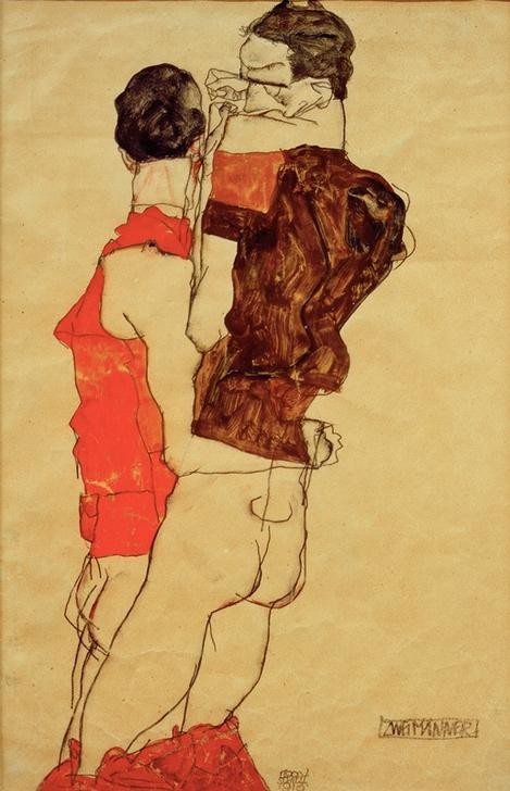 Egon Schiele, Zwei Männer (Erotik,Pornographie,Mann,Homosexualität,Expressionismus,Umarmung,Österreichische Kunst,Sexualität,Halbakt)