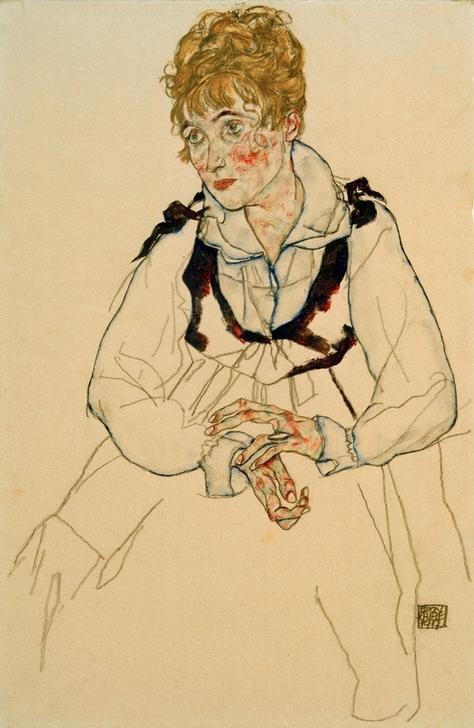 Egon Schiele, Die Frau des Künstlers, sitzend (Ehefrau,Frau,Maler (Künstler),Zeichner,Portrait,Künstlerfrau,Österreichische Kunst,Sitzen,Junge Frau,Hochfrisur,Person)