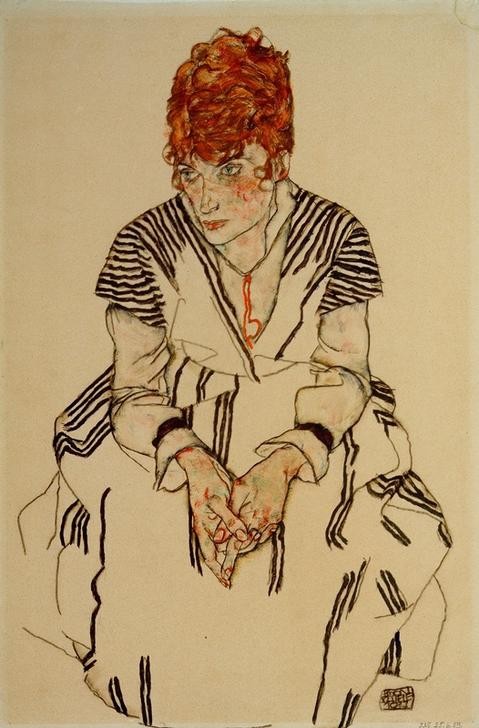 Egon Schiele, Adele Harms (Familie,Frau,Mensch,Portrait,Expressionismus,Österreichische Kunst,Kleid,Junge Frau,Streifen,Hände Im Schoss,Schwägerin)