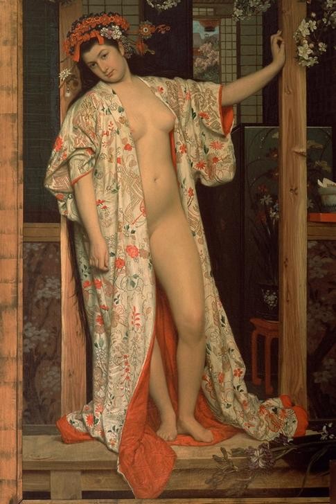 James Tissot (Jacques-Joseph), Japonaise au bain (Bad,Damenmode,Erotik,Frau,Kunst,Mode,Völkerkunde,Blumenkranz,Geisha,Hausmantel,Salonmalerei,Französische Kunst,Bademantel,Erotische Kunst,Halbakt,Haarschmuck,Laszivität,Exotik,Kulturimport,Japanmode,Kimono,Kränzchen,Ganzfigurig)