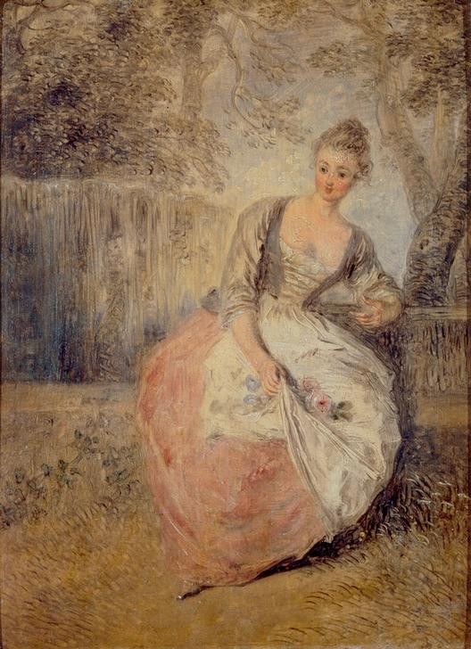 Jean-Antoine Watteau, L’Amante inquiète (Damenmode,Frau,Jugend (Lebensalter),Kunst,Landschaft,Liebe,Liebe Und Ehe,Mädchen,Mode,Rose,Sehnsucht (Gefühl),Wald,Dekollete,Rokoko,Portrait,Einsamkeit,Schürze,Französische Kunst,Erwartung,Warten,Blume,Verliebt,Rendez-Vous)