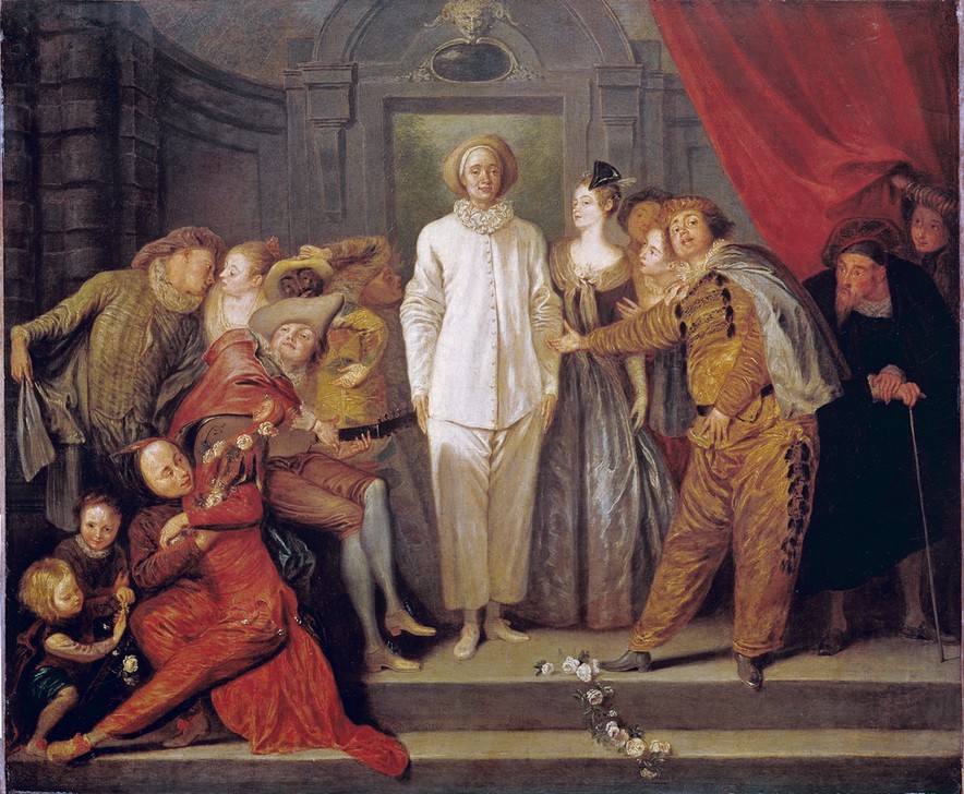 Jean-Antoine Watteau, Italienische Komödianten (Commedia Dell'arte, Gruppenbild, Musiker, Musik, Narr, Schauspieler, Schausteller, Theater,  Rokoko,Kostüme (Verkleidung), Bühne, Pierrot, Rokoko, Wohnzimmer, Klassiker,  Wunschgröße)