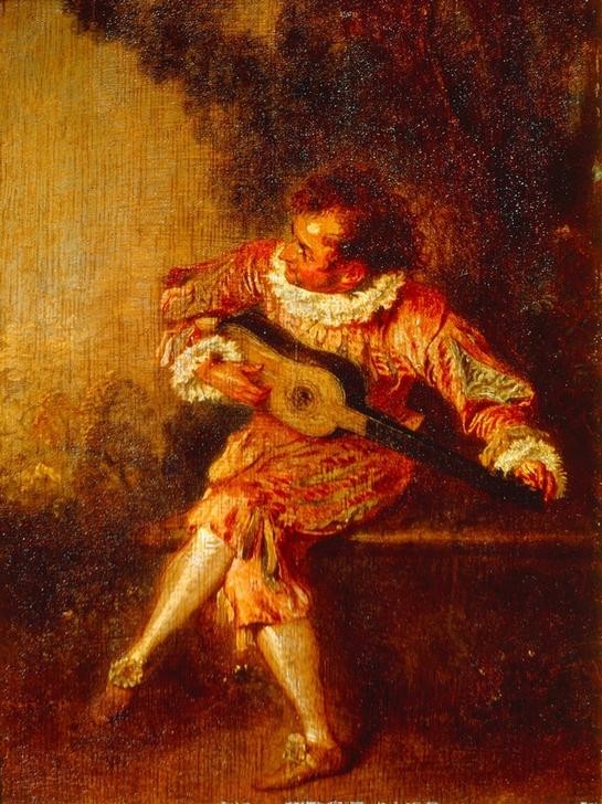 Jean-Antoine Watteau, Le Donneur de Serenade (Gitarre,Mann,Musik,Saiteninstrument,Ständchen,Instrument,Rokoko,Solist,Französische Kunst,Serenade (Musik),Musikant,Zupfinstrument)