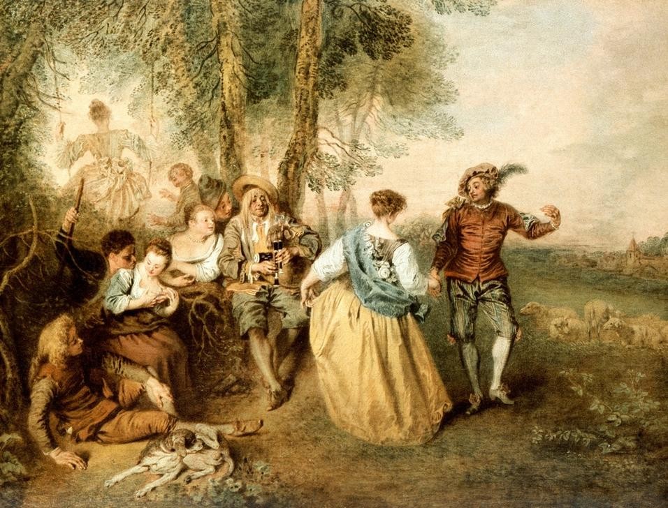 Jean-Antoine Watteau, Die Hirten (Dudelsack,Feste,Landschaft,Liebe,Liebespaar,Musik,Tanz,Volkskunde,Hirte,Hund,Rokoko,Pastorale,Volkstanz,Schaukel,Französische Kunst,Im Freien (Allgemein),Paar,Landleben,Tanz Im Freien,Tanzpaar,Flöte)
