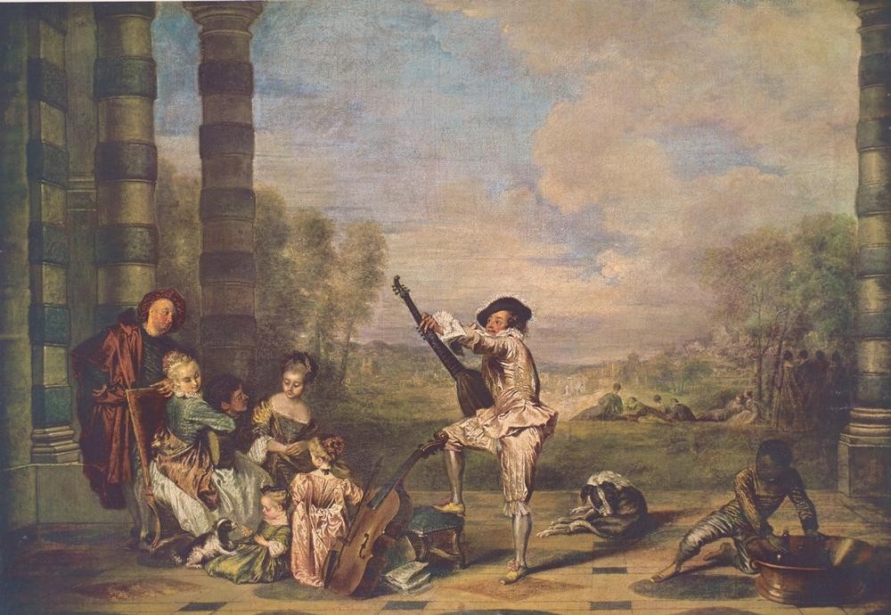 Jean-Antoine Watteau, Das Konzert (Gesellschaftliches Leben,Kind,Konzert,Landschaft,Laute,Musik,Violoncello,Instrument,Sklave,Hund,Rokoko,Französische Kunst,Im Freien (Allgemein),Kinderleben,Weinkühler)