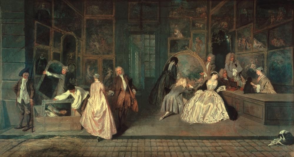 Jean-Antoine Watteau, Ladenschild des Kunsthändlers Gersaint (Damenmode,Dienstboten,Gesellschaftliches Leben,Handel,Herrenmode,Kunsthändler,Kunsthandel,Mode,Spiegel,Transport,Wirtschaft (Ökonomie),Verpackung,Rokoko,Bild Im Bild,Bild Und Betrachter,Fussboden,Galerie,Laden,Französische Kunst,Holzkiste,Eleganz,Lastträg)