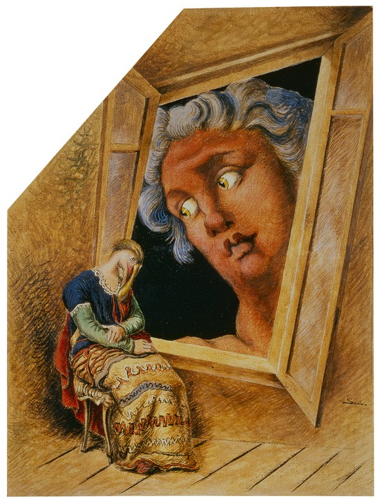 Alberto Savinio, Unbekannt (Fenster, Engelsgesicht, Verkündigung, Frau, Maria, Pelikankopf, Antropomorphismus, geometrische Formen, Surrealismus, Pittura metafisica, Klassische Moderne, Wunschgröße, Wohnzimmer)