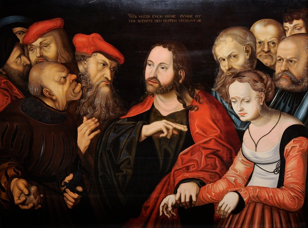 Lucas Cranach der Ältere, Christ and the Woman Taken in Adultery (Christentum,Frau,Geschichte,Kunst,Mann,Mensch,Museum,Nordisch,Religion,Szene,Alter,Renaissance,Verteidigung (Abwehr),Altes Testament,Bibel,Jünger,Ehebruch,Diskussion,Passion Christi,Vasall,Malen,Christus Und Die Ehebrecherin,Rahmen)