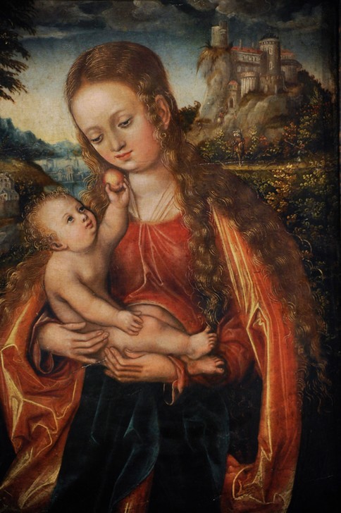 Lucas Cranach der Ältere, The Virgin and Child (Baby,Christentum,Frau,Geschichte,Jugend (Lebensalter),Kunst,Landschaft,Museum,Nordisch,Religion,Werkstatt (Allgemein),Maria Mit Kind,Neues Testament,Jünger,Mutter,Passion Christi,Gesicht,Sohn,Haare (Haar),Kinderleben,Innenansicht,Langes Haar,Malen,Alleman)