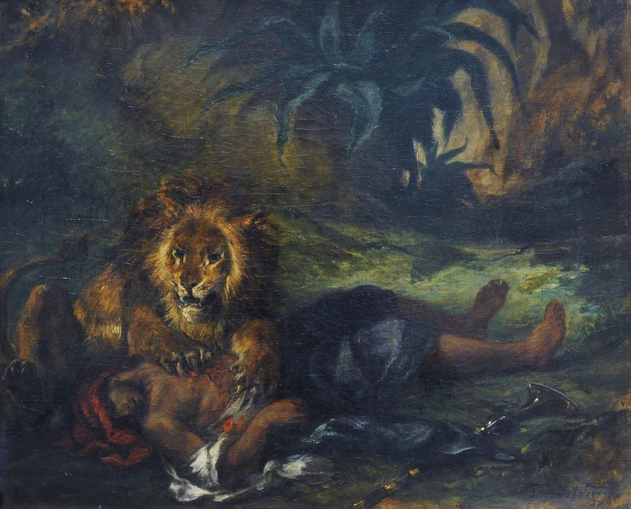 Eugene Delacroix, Lion mauling a Dead Arab (Arabisch,Kunst,Leiche,Löwe (Tier),Mann,Museum,Nordisch,Tod,Tier,Romantik,Malen,Krüppel,Essen (Nahrung))