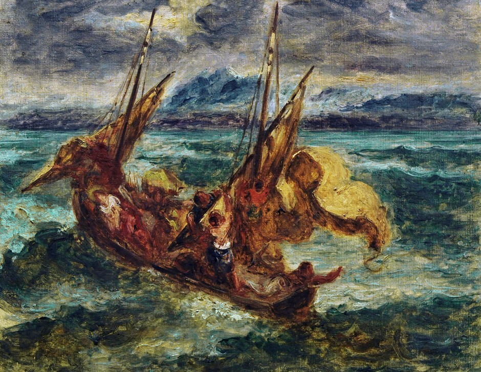 Eugene Delacroix, Christ on the Sea of Galilee (Boot,Christentum,Kunst,Museum,Nordisch,Religion,Segeln,Szene,Wasser,Meer,Altes Testament,Neues Testament,Bibel,Kerze (Licht),Einschiffung,Passion Christi,Romantik,Malen)