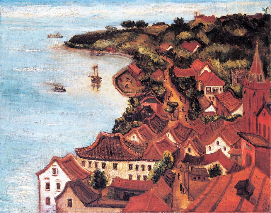 CHEN CHENGBO, Tamsui at Sunset (Asien, Städte, Dorf, Dächer, Taiwan, Landschaft, Meer, Küste, Vogelperspektive, Wunschgröße, Klassische Moderne, Wohnzimmer, Treppenhaus)