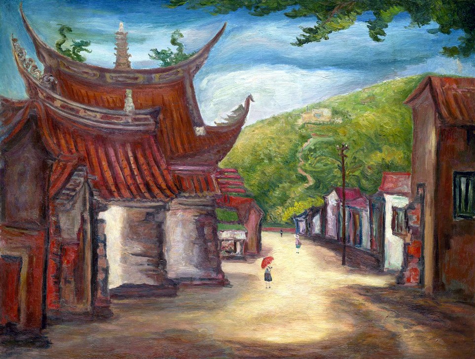 Chen  Chengbo, Ancient Temple (Asien, Städte, Gebäude, Tempel, Häuser, Architektur, Malerei, Straßenszene, Taiwan, Wunschgröße, Klassische Moderne, Wohnzimmer, Treppenhaus)