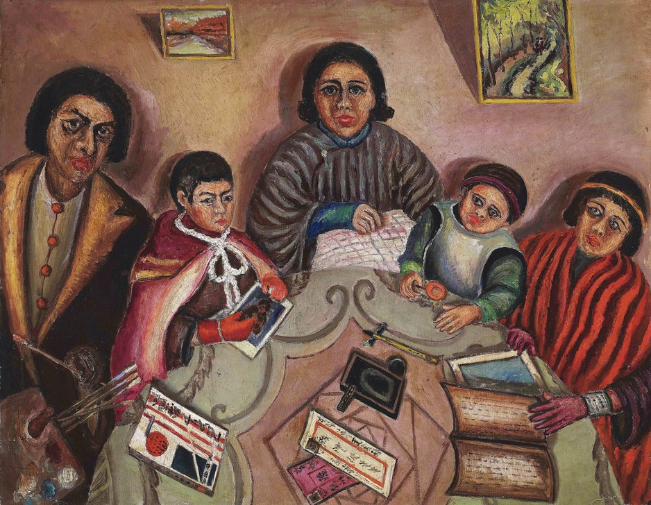 Chen Chengbo, My Family (Familienportrait, Künstlerfamilie, naive Malerei, Taiwan, Wunschgröße, Klassische Moderne, Wohnzimmer, Treppenhaus)