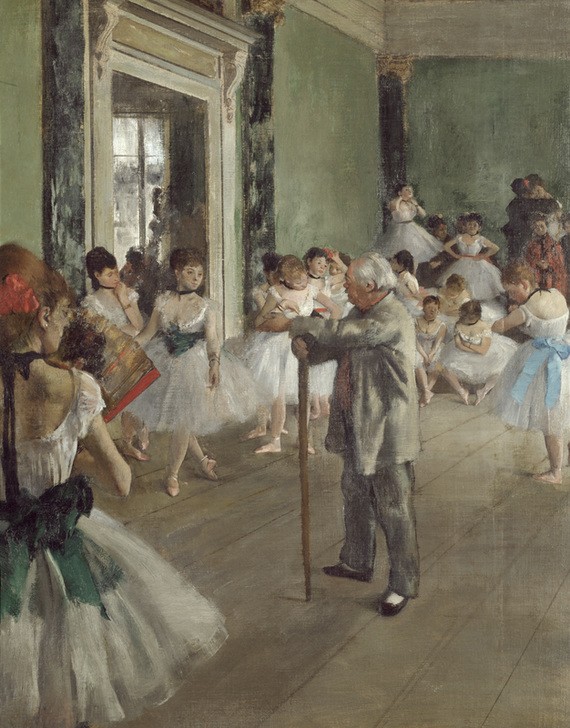 Edgar Degas, La classe de danse (Ballett,Fächer,Ballettmeister,Jugend (Lebensalter),Kind,Mädchen,Pädagogik,Saal,Schule,Tänzer,Tänzerin,Tanz,Impressionismus,Unterricht,Französische Kunst,Tanzschule,Tanzlehrer,Kleidung (Allgemein),Holzfussboden,Tutu (Ballett),Ausschnitt)