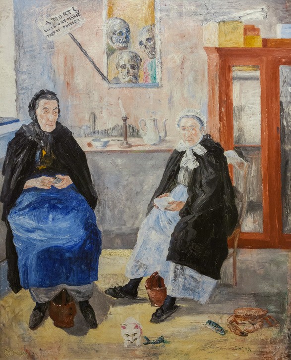 James Ensor, Die melancholischen Fischweiber (Armut,Frau,Katze (Tier),Kunst,Fisch,Totenkopf,Belgische Kunst,Krabbe)