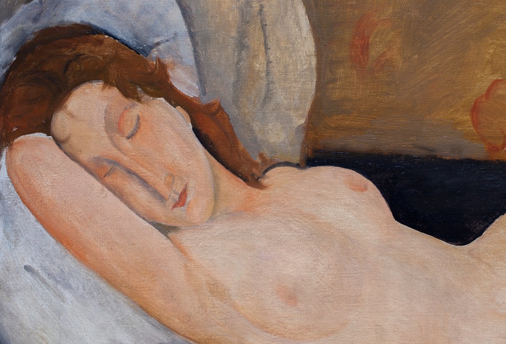Amedeo Modigliani, Liegender Akt, Kopf auf rechtem Arm ruhend (Frau,Künstler,Kunst,Maler (Künstler),Mensch,Akt,Portrait,Italienische Kunst,Ausschnitt,Farbe)