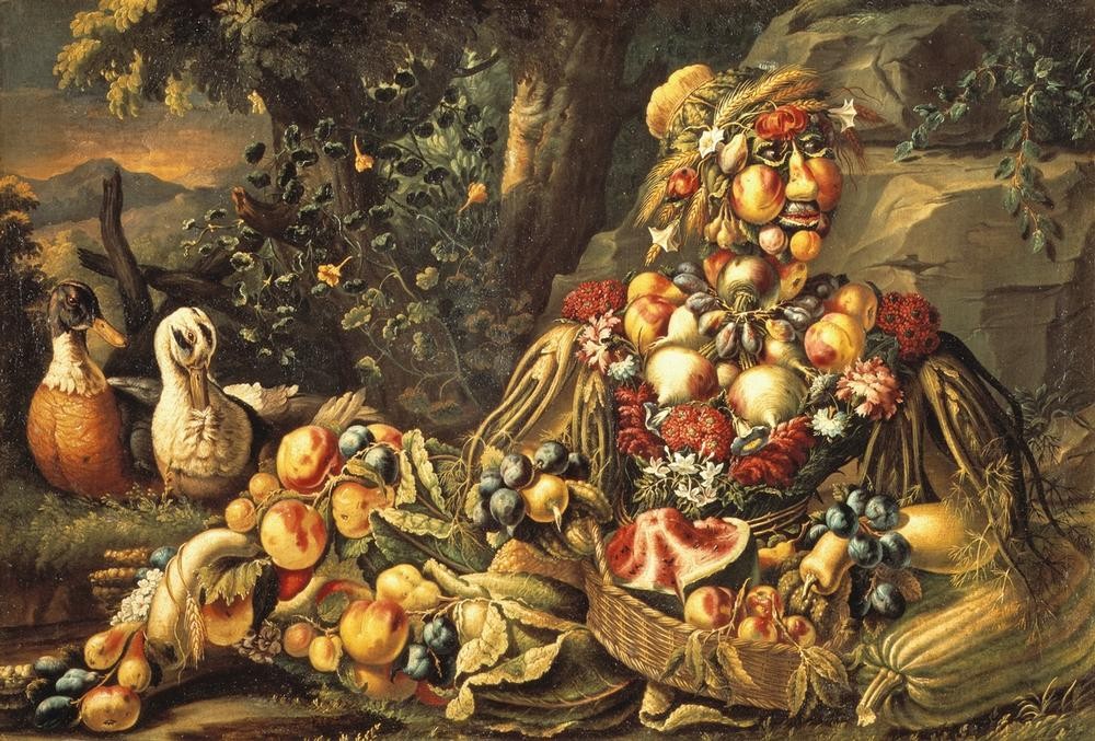 Giuseppe Arcimboldo, Der Sommer (Botanik,Frau,Früchte,Gemüse,Jahreszeiten,Obst,Pflaume,Sommer,Vogel,Zoologie,Allegorie,Stillleben,Portrait,Manierismus,Ente,Pfirsich,Vexierbild,Phantastische Kunst,Italienische Kunst,Kohl,Melone (Frucht),Personifizierung)