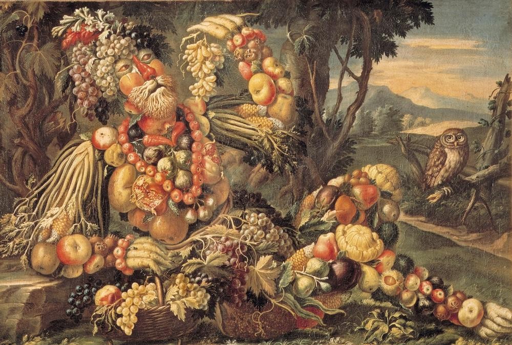 Giuseppe Arcimboldo, Der Herbst (Botanik,Eule,Früchte,Gemüse,Herbst,Jahreszeiten,Mann,Mythologie,Obst,Vegetarismus,Wein,Zoologie,Allegorie,Manierismus,Groteske,Vexierbild,Phantastische Kunst,Italienische Kunst,Granatapfel,Weintraube,Anthropomorphismus,Personifizierung,Griechisch-Römische)