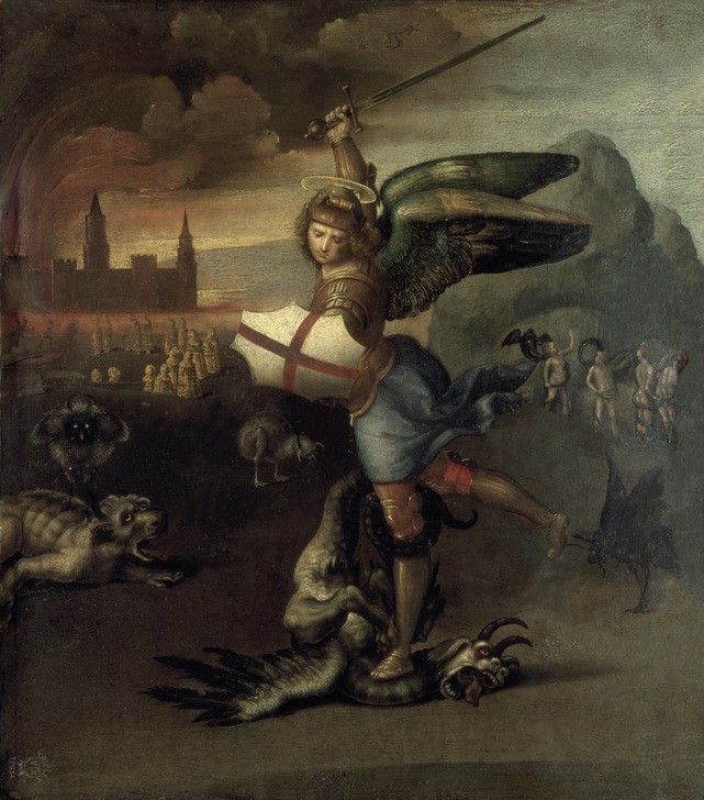 Raffael, Der Erzengel Michael im Kampf mit dem Drachen (Christentum, Erzengel, Schwert, Drachen, Teufel, Krieg, Religion, Renaissance, Klassiker, Wunschgröße, Wohnzimmer)