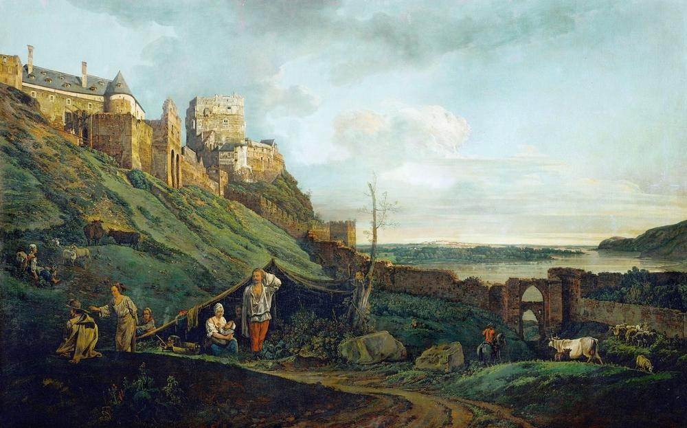 Bernardo Bellotto, Die Ruine Theben an der March (Landschaft, Mutter, Kind, Ruine,ländlich, Bäuerlich, historisch, Rokoko, Malerei, Wohnzimmer, Wunschgröße, Klassiker, bunt)