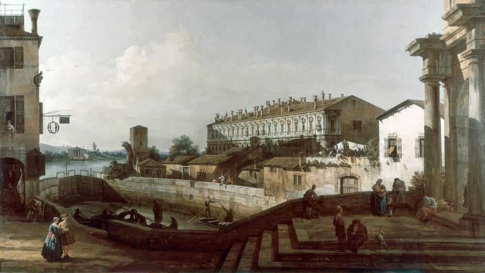 Bernardo Bellotto, Ansicht einer Schleuse und eines Wirtshauses, il Dolo genan (Kanal, Palast, Schornsteine,  Schleuse, Schifffahrt, Schleuse,  Alltagsszene,   Menschen,  Vedute, historisch, Rokoko, Malerei, Wohnzimmer, Wunschgröße, Klassiker, bunt)