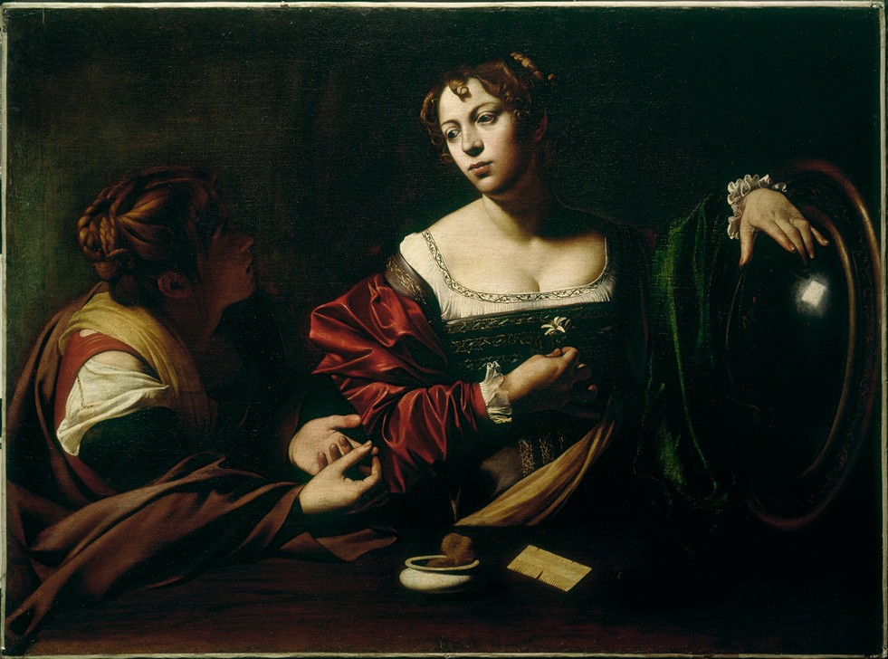 Caravaggio, Martha und Maria Magdalena (Christentum,Religion, Neues Testament, Bibel, Maria Magdalena, Martha, Schwestern, Barock, hell-dunkel, Klassiker, Malerei, Wunschgröße, Wohnzimmer)